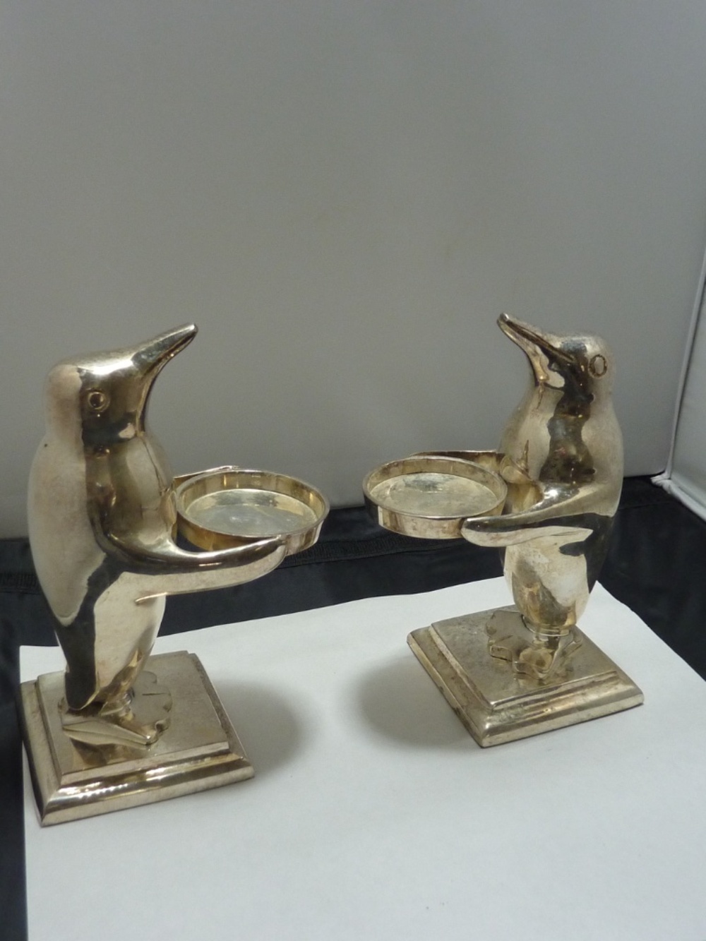 VTG Penguin Candle Holder Votive Set SILVER PLATED Metal Heavy Deco Bird Qty 2